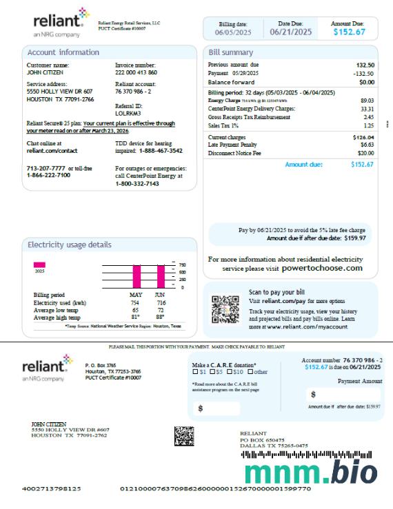 Szablon rachunku za media energetyczne USA Reliant w formatach Word i PDF, Wersja 3